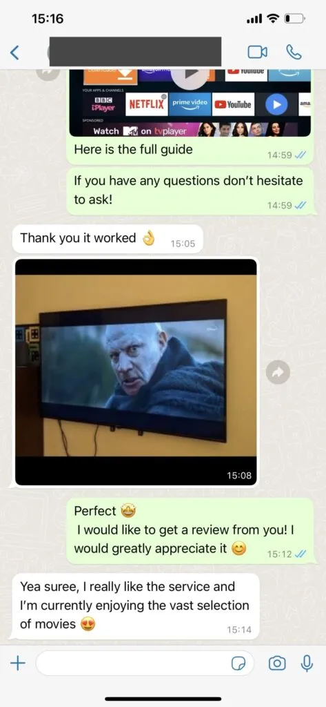 ChitramTV WhatsApp screenshot tevreden klant activatie